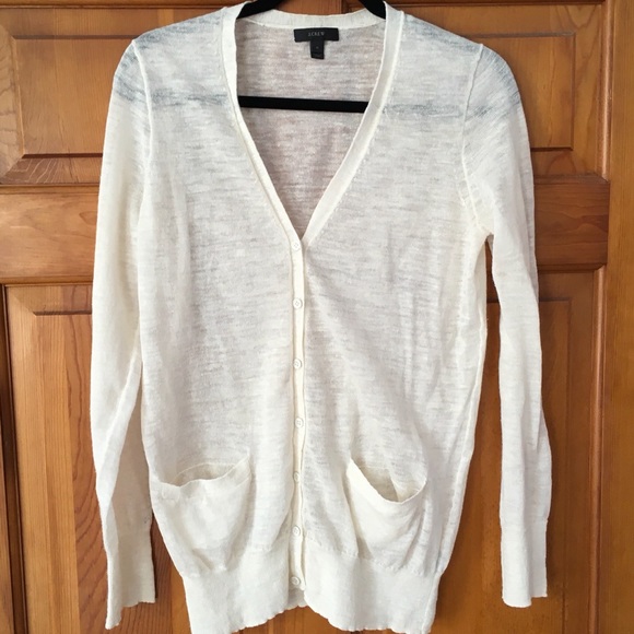 J.Crew Ivory Cream Linen 7 Button Cardigan Sweater With Pockets Size Medium - Picture 1 of 6